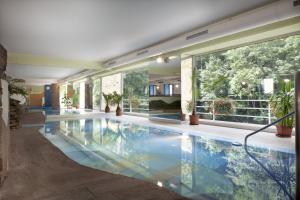 a swimming pool in a building with a large window at Grand Hotel Rabbi in Bagni di Rabbi