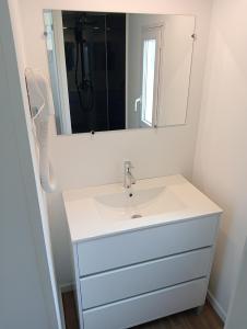 uma casa de banho com um lavatório e um espelho em Camping du Lac em Foix