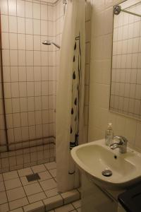 een badkamer met een wastafel en een douche met een douchegordijn bij (id110) Grønlandsparken 56. G in Esbjerg