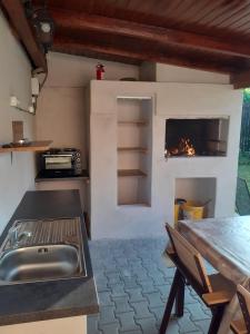 a kitchen with a sink and a fireplace at Villa Stoia in Ocna Sibiului