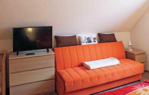 um sofá laranja sentado em frente a uma televisão em 1 Bedroom Lovely Apartment In Dierhagen ostseebad em Neuhaus