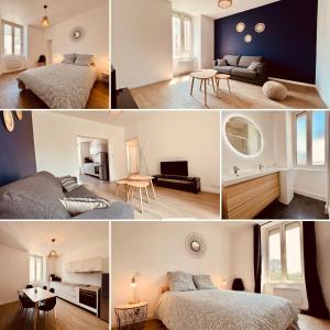 a collage of four pictures of a bedroom at L'Ethnique in Carhaix-Plouguer