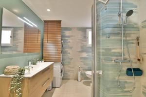 La salle de bains est pourvue d'une douche, d'un lavabo et de toilettes. dans l'établissement Superb spacious and tastefully renovated accommodation, à Saint-Laurent-du-Var