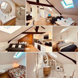 a collage of photos of a bedroom and a living room at L'Ibiza in Montluçon