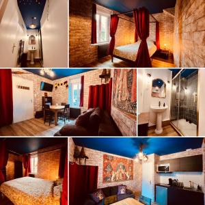un collage de photos d'une chambre d'hôtel dans l'établissement Le Logis Des Sorciers, à Montluçon