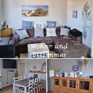 a living room with a couch and a table at Haus Ankerliebe in Dornum