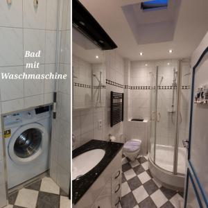 two pictures of a bathroom with a washing machine at Haus Ankerliebe in Dornum +10 photos