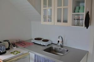 a kitchen with a sink and a counter top at Floki's apartment downtown. in Reykjavík