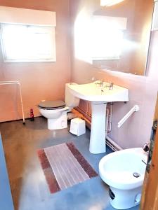 La salle de bains est pourvue d'un lavabo et de toilettes. dans l'établissement Maison de 3 chambres avec jardin clos et wifi a Vielle Saint Girons, à Vielle-Saint-Girons