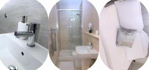 - deux photos d'une salle de bains avec un lavabo et une douche dans l'établissement Charming 1-Bed Apartment in Leeds, à Leeds