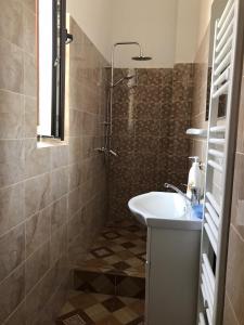 y baño con lavabo y ducha. en Villa Stoia, en Ocna Sibiului