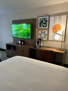 Holiday Inn Niagara Falls-Scenic Downtown, an IHG Hotel في شلالات نياغارا: غرفة فندقية بسرير ومكتب مع تلفزيون