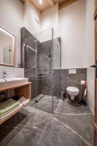 uma casa de banho com uma cabina de duche em vidro e um WC. em Pension Lenz´n am Christlhof em Lenggries