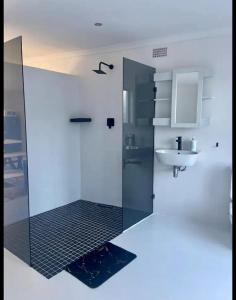 a bathroom with a shower and a sink at DMK GUESTHOUSE 2 in Cape Town