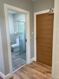 a bathroom with a shower and a glass door at The Cé Hideout in Tralee