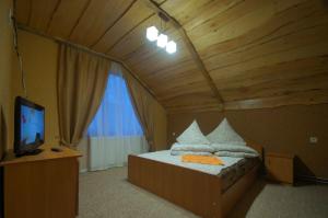 a bedroom with a bed with a television and a wooden ceiling at U Slavika in Yasinya