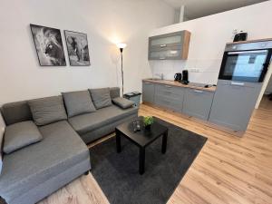 uma sala de estar com um sofá e uma televisão em Apartment Central 10B 40qm Wi-Fi free Parking calm back house em Dortmund