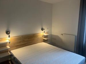 een slaapkamer met een bed met verlichting bij Le Vienna in Juvignac