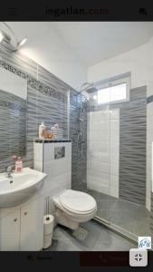 ein Bad mit einem WC, einem Waschbecken und einer Dusche in der Unterkunft Achilles house in Budapest