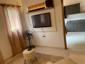 uma sala de estar com uma televisão de ecrã plano e uma ventoinha em Hermosa casa, zona Aeropuerto em Luque