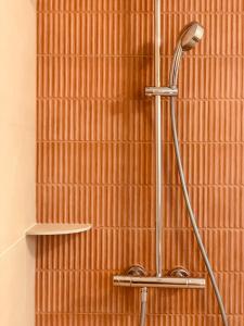 La salle de bains est pourvue d'une douche avec rideau de douche. dans l'établissement Hôtel La Boulangerie, à Grimaud