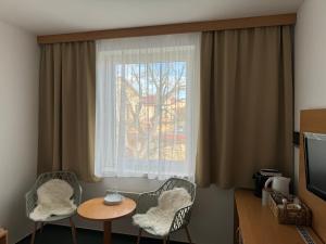 a room with a table and chairs and a window at Apartmány KiRi in Kyjov
