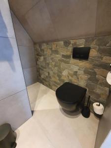 a bathroom with a black toilet and a stone wall at Bij ons op de Hoep. in Schagen +18 photos