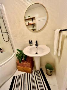 uma casa de banho com um lavatório e um espelho em The Terrace Garden Flat em Bournemouth
