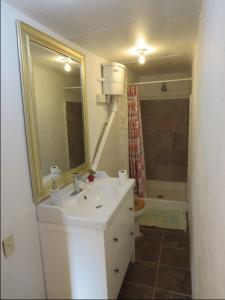 uma casa de banho com um lavatório, um espelho e um WC. em Hacienda Hideaway + Mountain View, Creek & Trails em Topanga