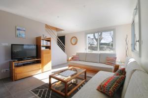 uma sala de estar com um sofá e uma televisão em Pretty new and comfortable house between towns and lakes em Voglans