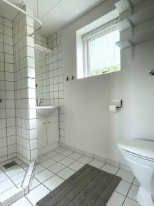 a bathroom with a toilet and a sink at Byhus centralt på Læsø in Vesterø Havn