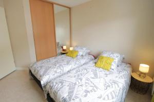 1 dormitorio con 1 cama con almohadas amarillas en Comfortable T3 at the foot of the Castle of Chambéry! en Chambéry