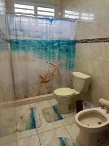 a bathroom with a toilet and a shower curtain at Casa familiar en Rincon in Rincon +25 photos