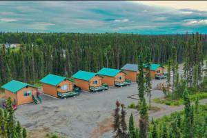 an aerial view of a group of cabins in a forest at Grayling Getaway, Cabin 1 at Lower Kenai Lodge in Kenai