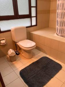 a bathroom with a toilet and a window and a rug at Casa grande perfectamente ubicada in Cochabamba