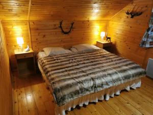 The dream catcher -Spa- panoramic sauna- 2 MINUTES FROM THE SLOPES في لابريس: غرفة نوم مع سرير مع مصباحين على طاولتين