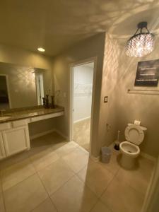 a bathroom with a toilet and a sink and a mirror at Lxry 4 BR Bckyd, Pool, Hot Tub near attrctns (Tal.) in Helotes