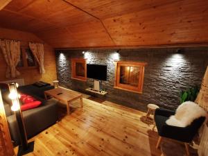 uma sala de estar com um sofá e uma televisão em The dream catcher -Spa- panoramic sauna- 2 MINUTES FROM THE SLOPES em La Bresse