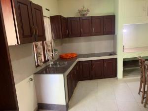 a kitchen with wooden cabinets and a sink at Cinnamon Villa AMBA in Ambalangoda