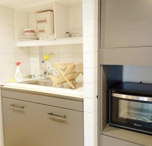 eine Küche mit Spüle und Mikrowelle in der Unterkunft Charmant appartement avec jardin et piscine à La Jarrie in La Jarrie