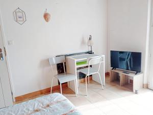 Schlafzimmer mit einem Schreibtisch, einem TV und einem Bett in der Unterkunft Charmant appartement avec jardin et piscine à La Jarrie in La Jarrie