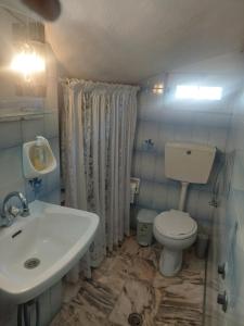 a bathroom with a white toilet and a sink at Giorgos litsa VILLA in Zacharo +23 photos
