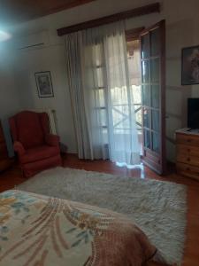 扎哈羅的住宿－Giorgos litsa VILLA，一间卧室配有一张床、一把椅子和滑动玻璃门