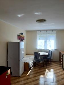 eine Küche mit einem Tisch und einem Kühlschrank im Zimmer in der Unterkunft Apartament na wsi in Lubniewice