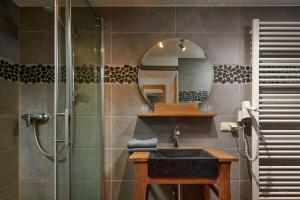 a bathroom with a sink and a shower with a mirror at Hotel Ladenmühle in Kurort Altenberg +29 photos