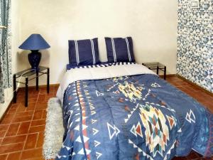Schlafzimmer mit einem Bett mit blauer Decke in der Unterkunft Villa de 4 chambres avec piscine privee jardin clos et wifi a Milhars in Milhars