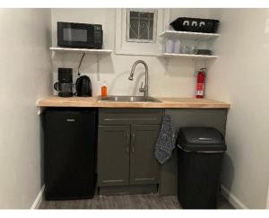 a small kitchen with a sink and a microwave at Modern GuestHouse Ironbound Newark with KITCHEN-FastTrainToNYC-OneStopToAirport in Newark