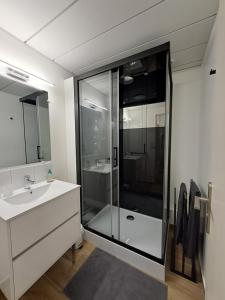 カレーにあるCalais Plage - Joli studio entièrement rénové - Front de merのバスルーム(ガラス張りのシャワー、シンク付)