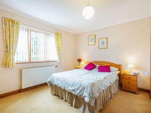 a bedroom with a bed with purple pillows and a window at Bryn Llan in Bala