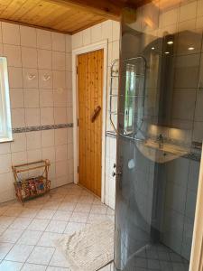 a bathroom with a shower with a wooden door at Drömhus på Österlen in Glemminge